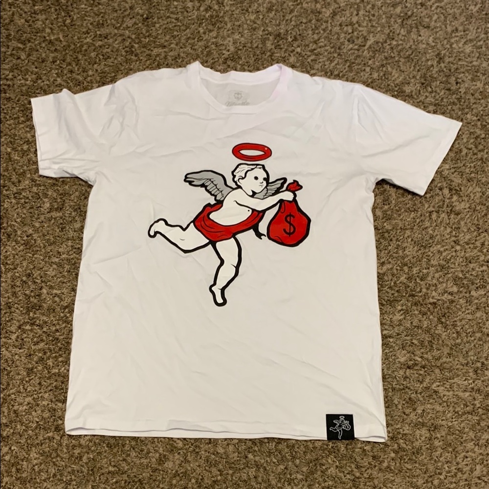 Men’s Muerte White Tee with Angel and Dollar Graphic Size Large